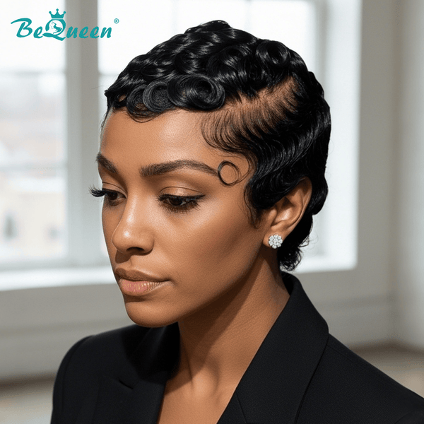 overseas PIXIE WIGS Bequeen 13*4 1B Finger Wave Special Style Frontal Lace Wig