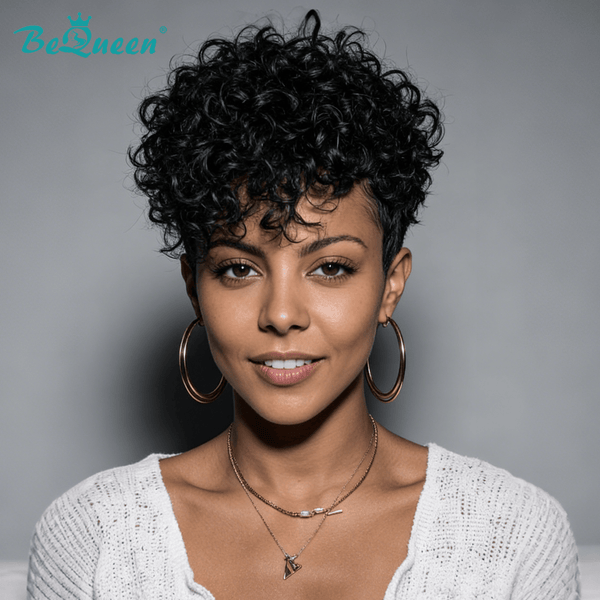 overseas PIXIE WIGS Bequeen 1B Curly Short Cut Side Part Pixie Wig