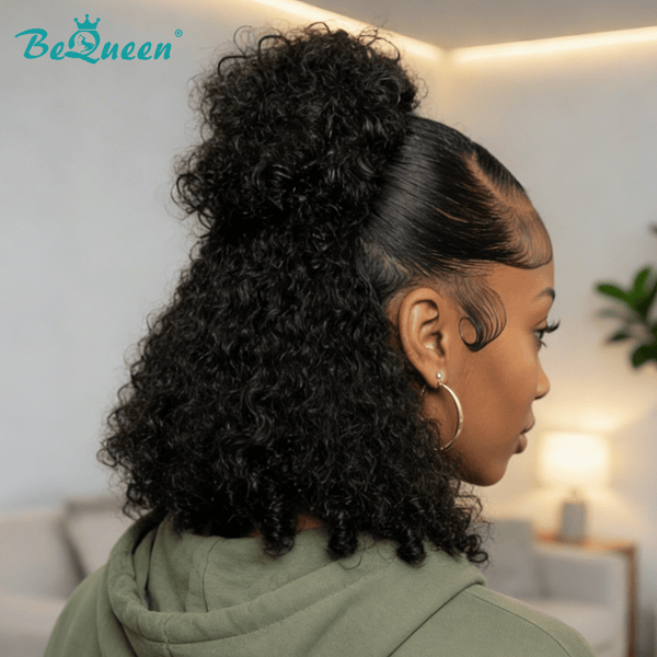overseas Workout Wig Bequeen 1B Curly Short Cut Wig With A Bun
