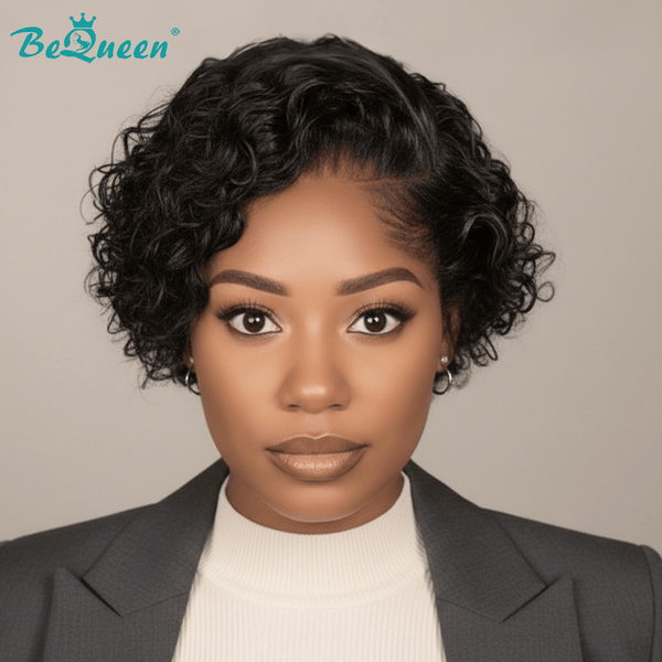 overseas PIXIE WIGS 8 inches Bequeen 1B Curly Special Style Glueless Lace Wig