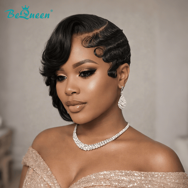 overseas PIXIE WIGS Bequeen 1B Curly Special Style Pixie Lace Wig