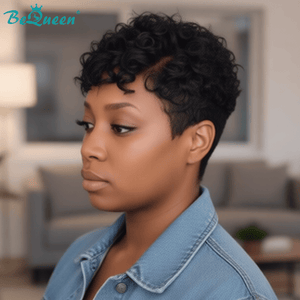 overseas PIXIE WIGS Bequeen 1B Curly Wave Pixie Frontal Lace Wig