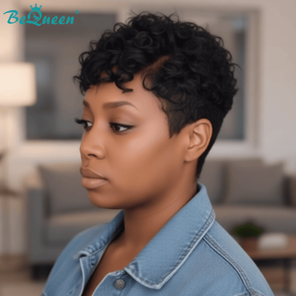 overseas PIXIE WIGS Bequeen 1B Curly Wave Pixie Frontal Lace Wig
