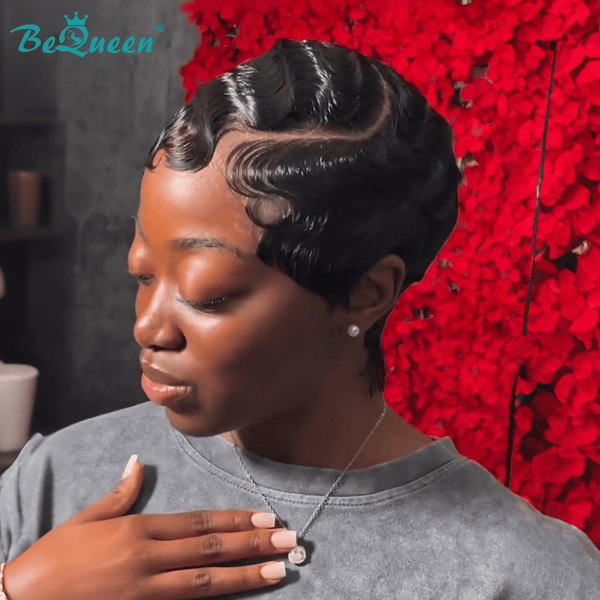 overseas PIXIE WIGS Bequeen 1B Finger Wave Pixie Full Lace Wig