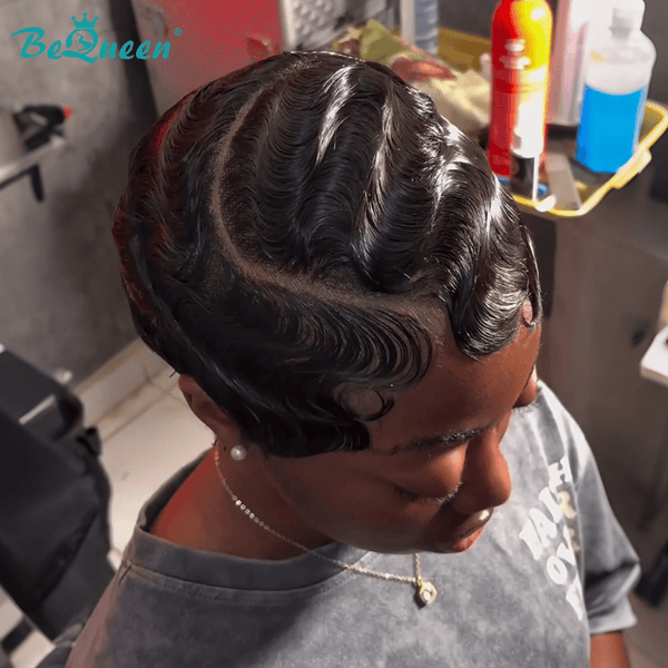 overseas PIXIE WIGS Bequeen 1B Finger Wave Pixie Full Lace Wig