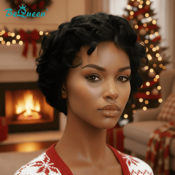overseas PIXIE WIGS Bequeen 1B Fluffy Wave Special Style Pixie Cut Wig