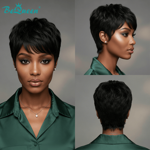 overseas PIXIE WIGS Bequeen 1B Natural Wave Short Cut Pixie Wig For Black Woman