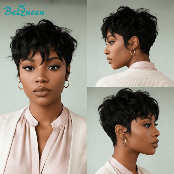 overseas PIXIE WIGS Bequeen 1B Natural Wave Short Cut Pixie Wig