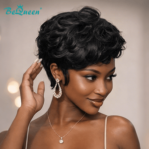 overseas PIXIE WIGS Bequeen 1B Pixie Natural Wave Machine Made Wig