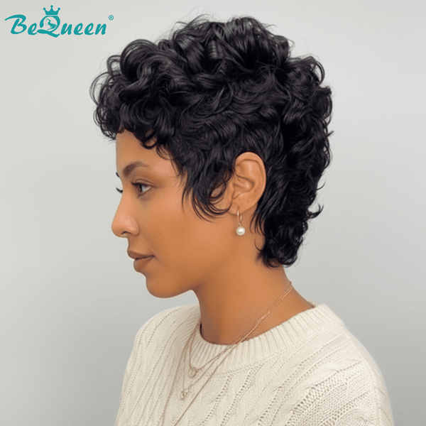 overseas PIXIE WIGS Bequeen 1B Pixie Wool Roll  Machine Made Wig