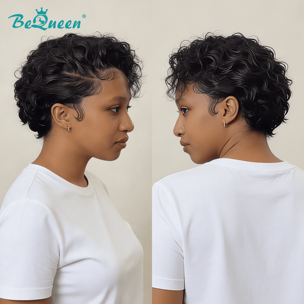 overseas PIXIE WIGS Bequeen 1B Side Part Curly Pixie Wig