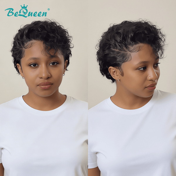 overseas PIXIE WIGS Bequeen 1B Side Part Curly Pixie Wig