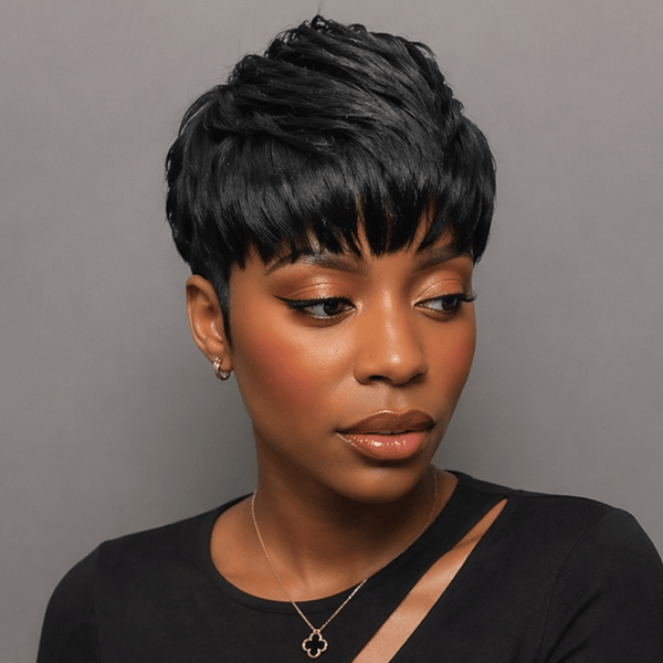 overseas PIXIE WIGS Bequeen 1B/White Natural Styled Pixie Wig