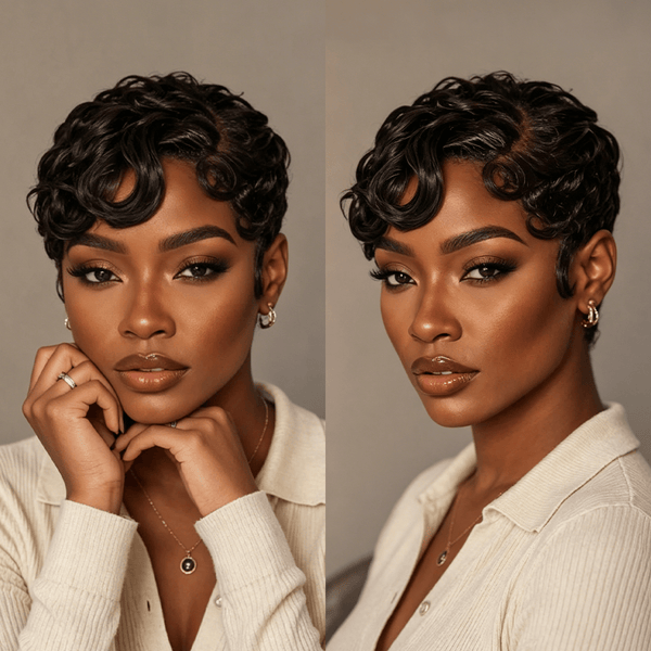 overseas PIXIE WIGS BeQueen 5X5 Wavy Black Elegance Pixie Wig