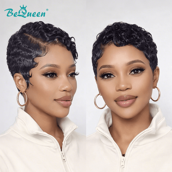 overseas PIXIE WIGS Bequeen Black Color Finger Wave Frontal Lace Pixie Wig