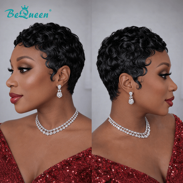 overseas PIXIE WIGS Bequeen Black Color Finger Wave Pixie Wig