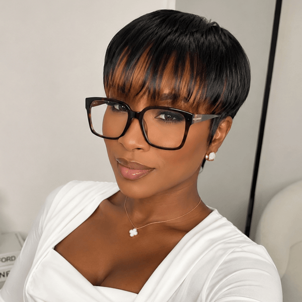 overseas PIXIE WIGS Black with brown Bequeen Black Highlight Brown Natural Style Pixie Cut Wig For Black Women