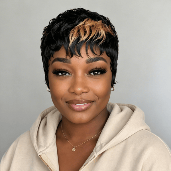 overseas PIXIE WIGS Bequeen Black Highlight Golden Natural Style Pixie Cut Wig For Black Women