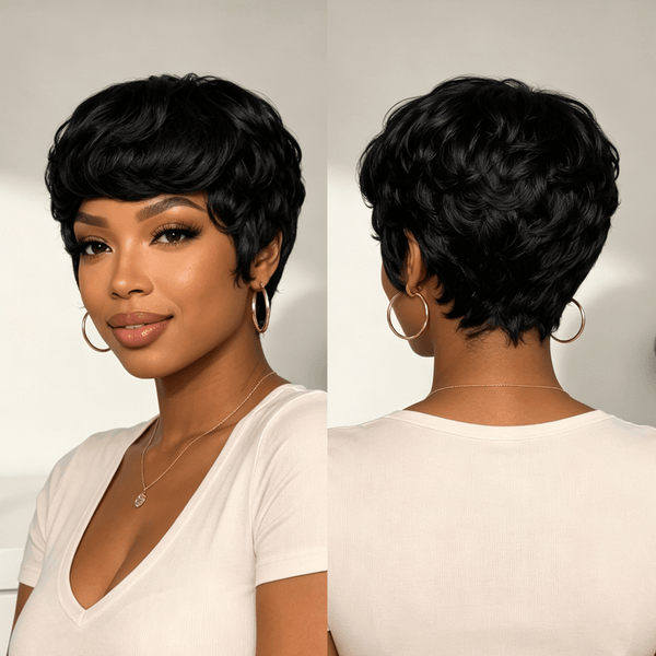 overseas PIXIE WIGS Bequeen Black Natural Style Pixie Short Cut Daily Wig 100% Human Hair