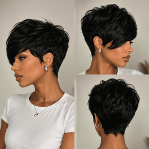 overseas PIXIE WIGS Bequeen Black Side Part Short Cut Straight Style Full Cap Wig