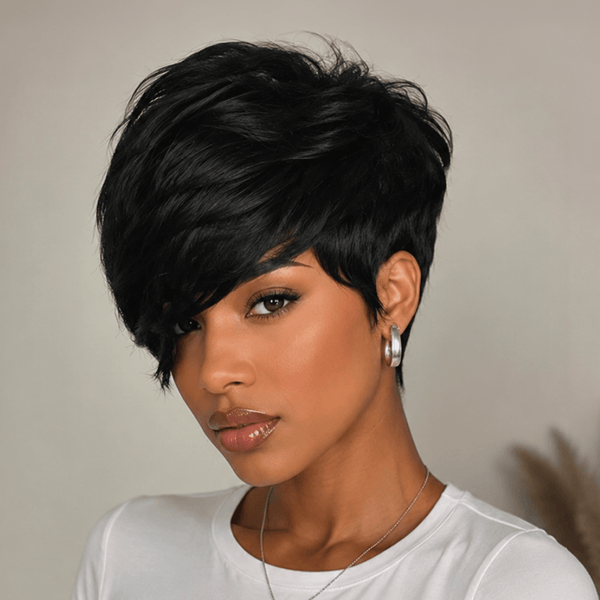 overseas PIXIE WIGS Bequeen Black Side Part Short Cut Straight Style Full Cap Wig