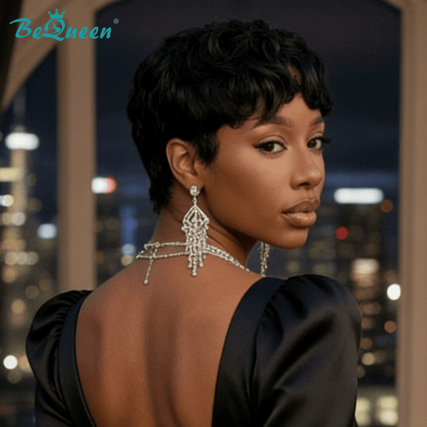 overseas PIXIE WIGS Bequeen Black Wave Doll Face Shape Pixie Cut Wig