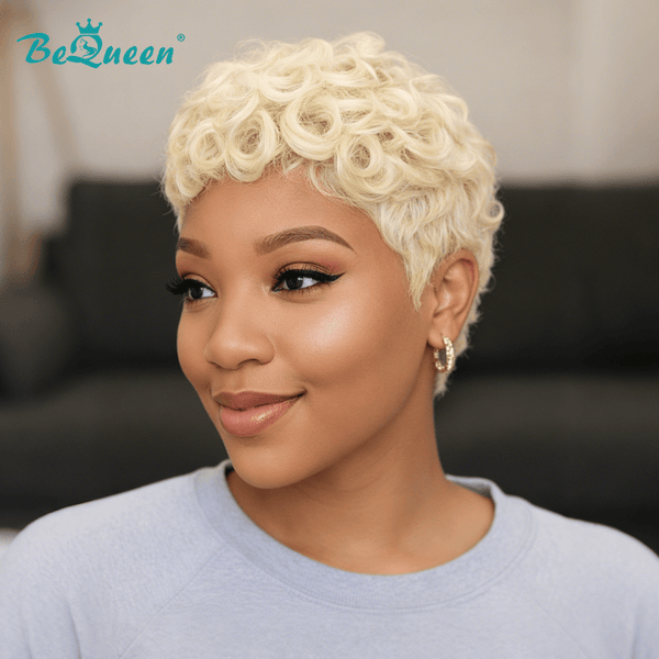 overseas PIXIE WIGS Bequeen Blonde Pixie Finger Wave Machine Made Wig