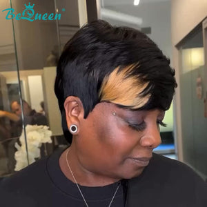 overseas PIXIE WIGS Bequeen Blonde Streak Elegance Machine Made Pixie Wig