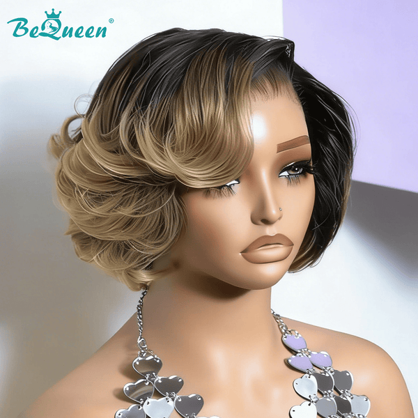 overseas PIXIE WIGS Bequeen Blonde Wave Dark Root Frontal Lace Bob Wig