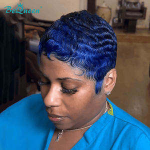 overseas PIXIE WIGS Blue Bequeen Blue Curly Special Style Pixie Cut Wig