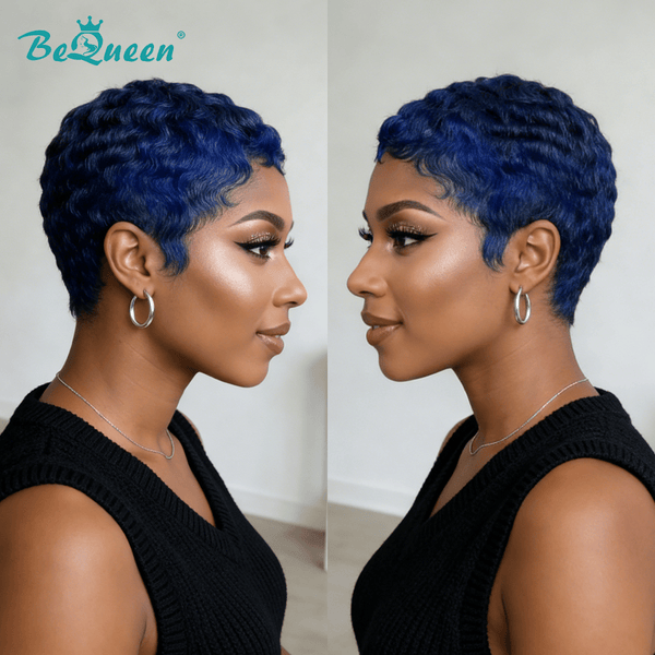 overseas PIXIE WIGS Bequeen Blue Curly Special Style Pixie Cut Wig