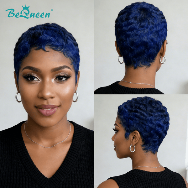 overseas PIXIE WIGS Bequeen Blue Curly Special Style Pixie Cut Wig