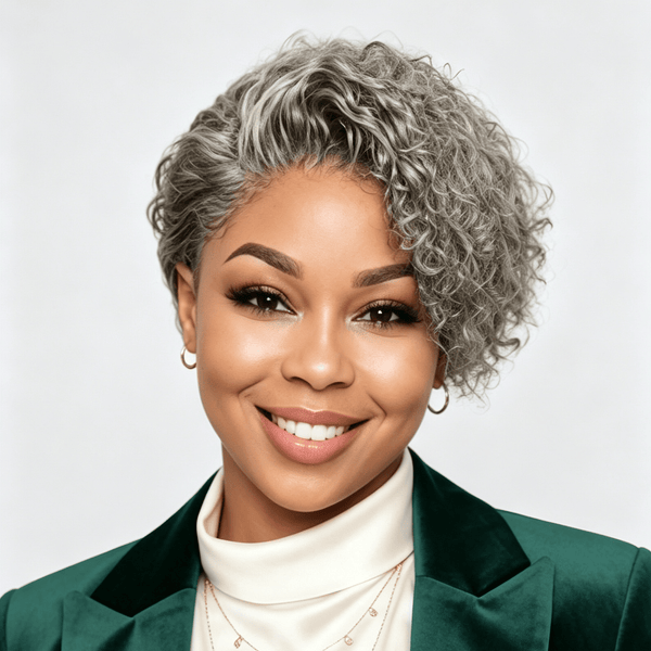 overseas PIXIE WIGS Gray Bequeen Brown Small Curly Special Style Pixie Cut Frontal Lace Wig