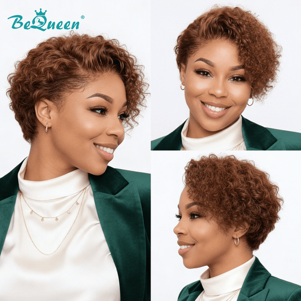 overseas PIXIE WIGS Bequeen Brown Small Curly Special Style Pixie Cut Frontal Lace Wig