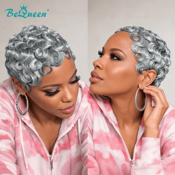 overseas PIXIE WIGS Bequeen Carbon Grey Finger Wave Pixie Cut Wig