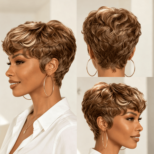 overseas PIXIE WIGS Bequeen Coffee Mixed Blonde Machine Made Short Cut Full Cap Wig