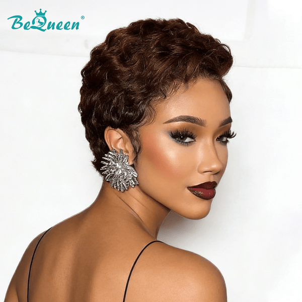 overseas PIXIE WIGS Bequeen Dark Brown Curly Special Style Pixie Cut Frontal Lace Wig