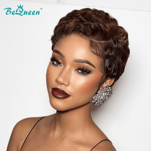 overseas PIXIE WIGS Bequeen Dark Brown Curly Special Style Pixie Cut Frontal Lace Wig