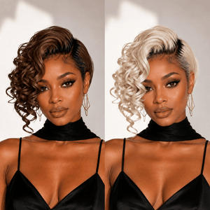 overseas PIXIE WIGS Bequeen Dark Root Color Side Part Wave Lace Style Pixie Cut Wig 100% Human Hair
