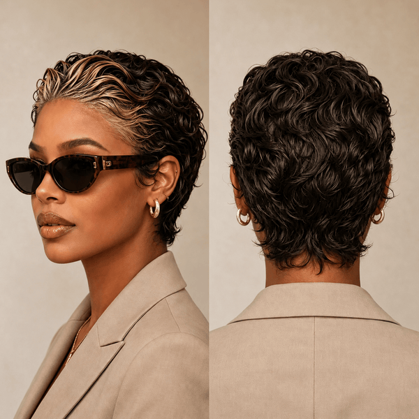 overseas PIXIE WIGS Brown Bequeen Frontal Lace Salt&Pepper Slicked-back Style Pixie Short Cut Wig