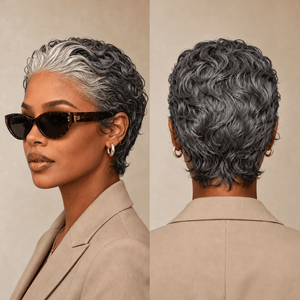 overseas PIXIE WIGS salt&pepper(as pic) Bequeen Frontal Lace Salt&Pepper Slicked-back Style Pixie Short Cut Wig