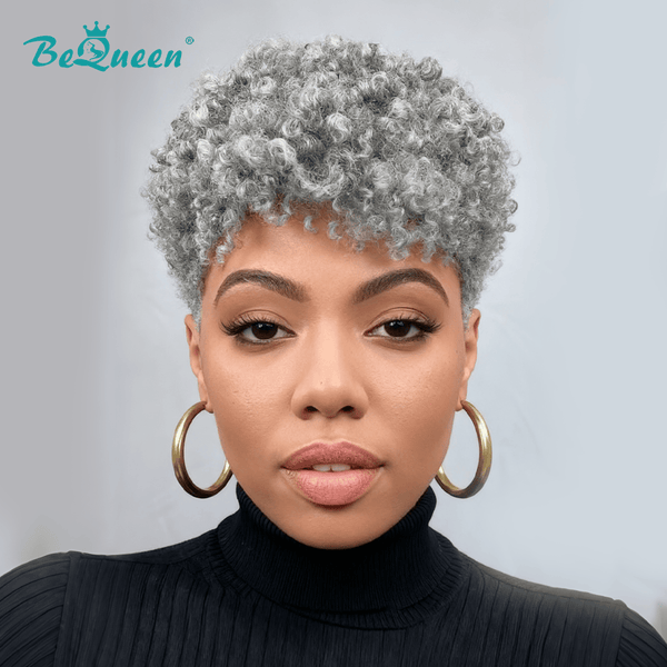 overseas PIXIE WIGS Salt & Pepper Bequeen Golden Curly Special Made Pixie Wig