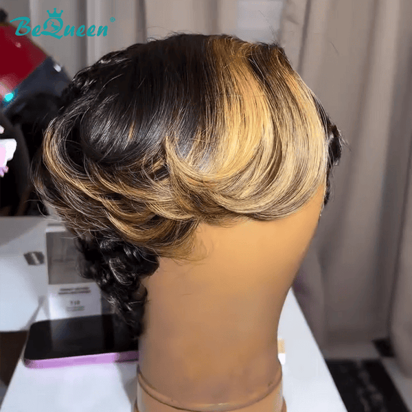 overseas PIXIE WIGS Bequeen Highlight Blonde Curly Pixie Cut Frontal Lace Wig