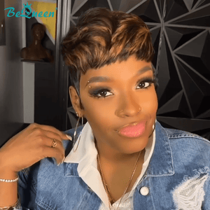 overseas PIXIE WIGS Bequeen Highlight Brown Short Cut Lace Wig