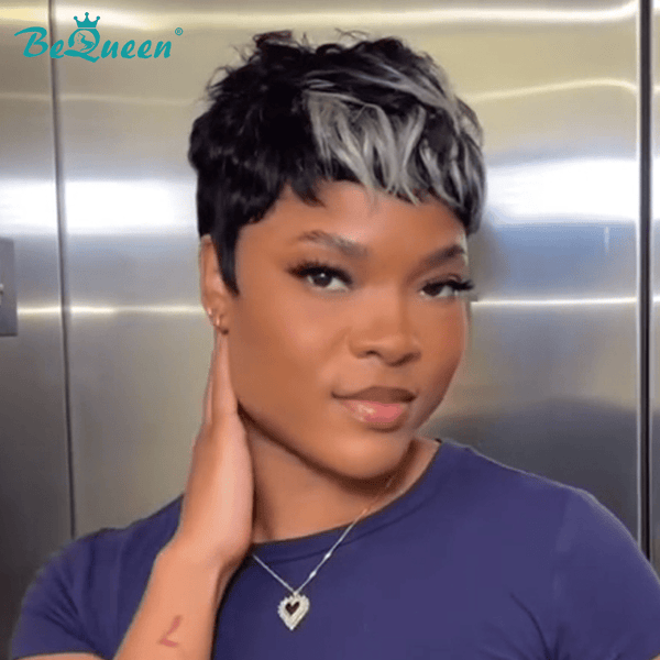 overseas PIXIE WIGS Bequeen Highlight Silver Short Cut Pixie Wig