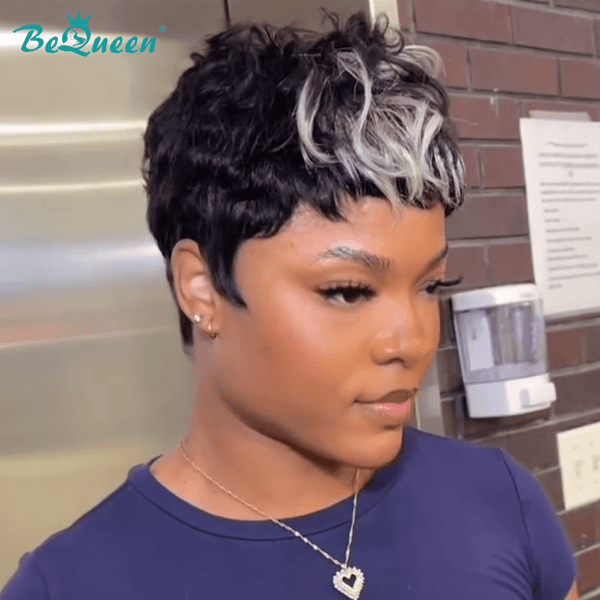 overseas PIXIE WIGS Bequeen Highlight Silver Short Cut Pixie Wig
