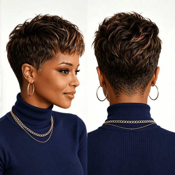 overseas PIXIE WIGS HIghlight Brown Bequeen Luxurious Customized Frontal Highlight Short Cut 13 ×4 Lace Wig