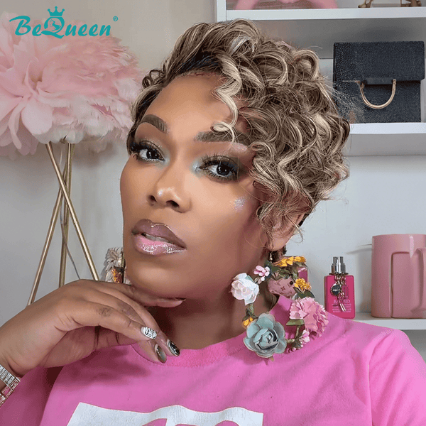 overseas PIXIE WIGS Bequeen Mixed Icy Beige Blonde Layer Pixie Lace Wig