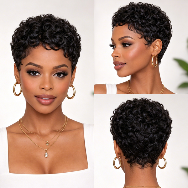 overseas PIXIE WIGS BeQueen Pixie Short Black Finger Wave Airy Wig