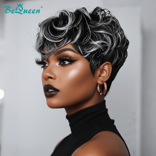 overseas PIXIE WIGS Bequeen Salt Mixed Black Fashion Styled Pixie Wig